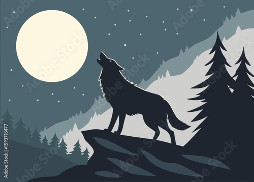 Wolf howling at the moon on a rocky cliff under a starry night sky