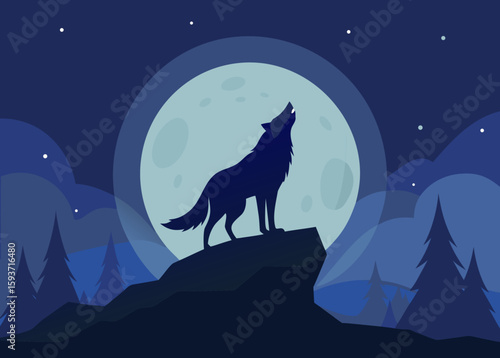 Wolf howling at the full moon on a rocky outcrop