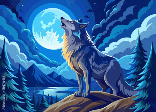 Wolf howling at the moon on a rocky outcrop