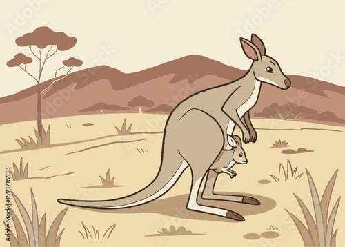 Mother kangaroo and joey in australian outback landscape