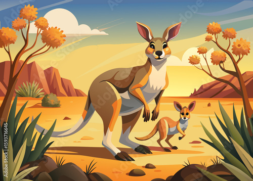 Mother kangaroo and joey in the australian outback at sunset