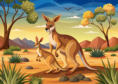Mother and joey kangaroo in the australian outback