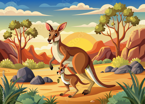 Mother and joey kangaroo in australian outback at sunset