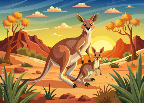 Kangaroos in the australian outback at sunset