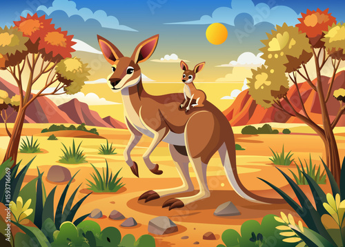 Mother kangaroo and joey in the australian outback at sunset