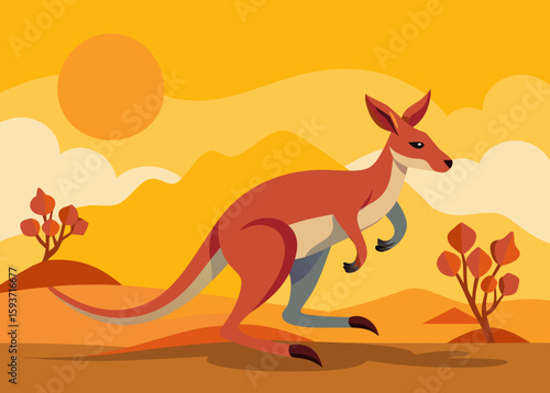 Kangaroo bounding through an australian outback landscape at sunset