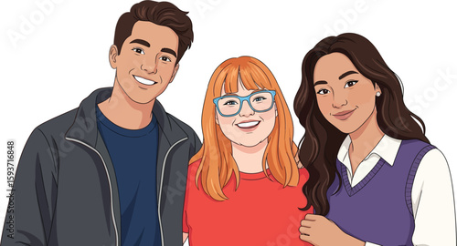 Cartoon illustration of three smiling friends posing together closely