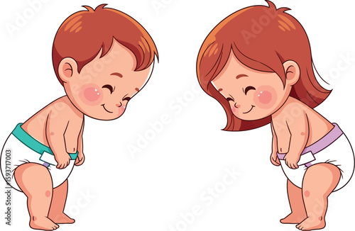 Cartoon illustration of two babies wearing diapers looking down cute