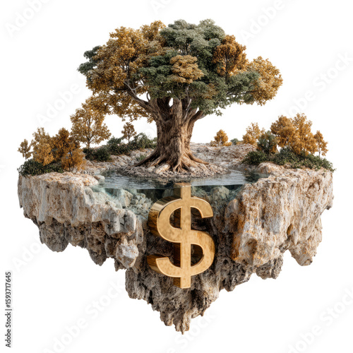 Tree on Floating Island with Dollar Sign Symbolizing Wealth and Nature