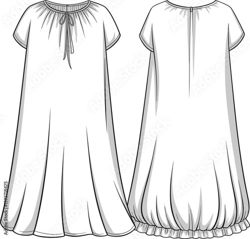Loose-fit dress fashion sketch with short sleeves, gathered hem, tie neckline detail, front and back view, cad drawing flat vector illustration