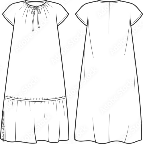 Fashion sketch of loose-fitting dress with gathered neckline and tiered hem, front and back view, cad drawing flat vector illustration