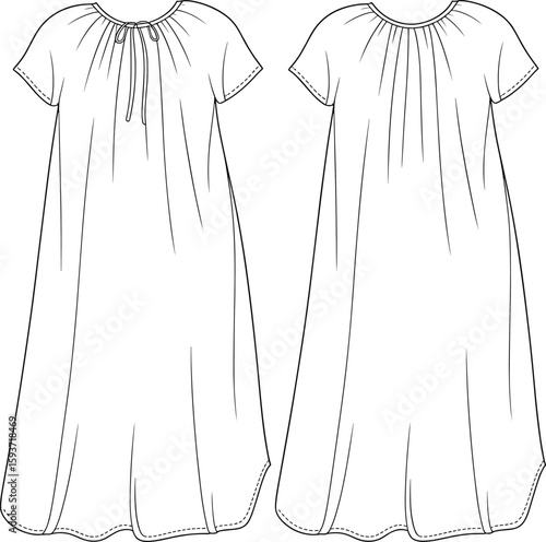 Nightgown fashion sketch with gathered neckline, short sleeves and flared hem, front and back view, cad drawing flat vector illustration