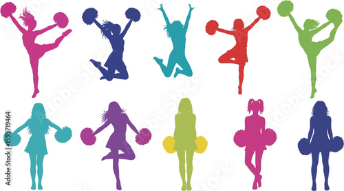 Colorful silhouettes of cheerleaders with pom poms in various poses