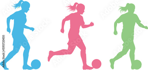 Three female soccer players in blue pink and green silhouette style