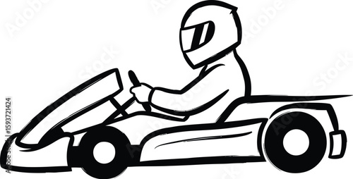 Illustration of a person driving a go kart wearing a helmet on white