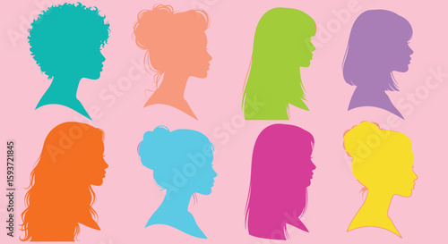 Colorful silhouettes of women with various hairstyles on pink background