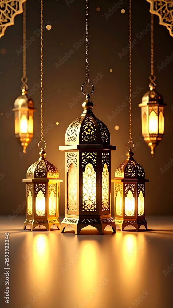 Fototapeta premium Golden lanterns hang in a warm, detailed display