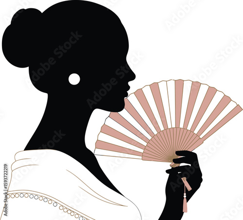 Silhouette of woman holding a fan with shawl on a white background