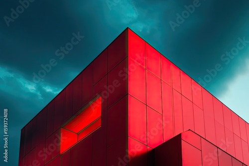 Red building corner against dramatic sky