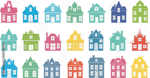Collection of colorful cartoon houses with various roof styles shown
