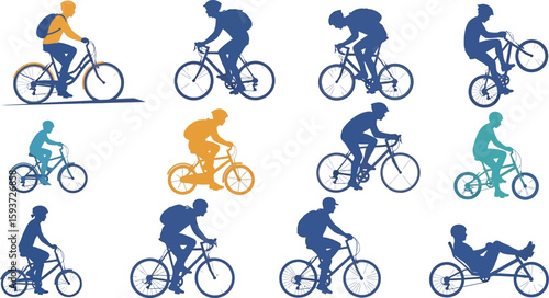 Various silhouettes of people riding different types of bicycles on white