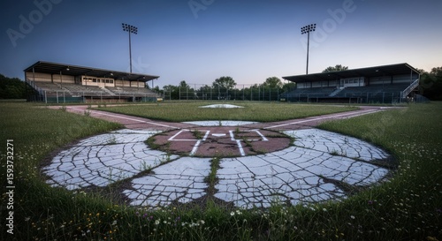 Overgrown Baseball Stadium with Destroyed Grandstands and Empty Dugouts Under a Cloudy Sky