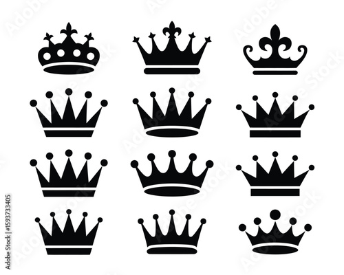 black crown silhouettes royal tiara icon vector set