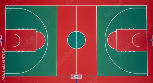 Aerial View of a Colorful Basketball Court with Red and Green Zones