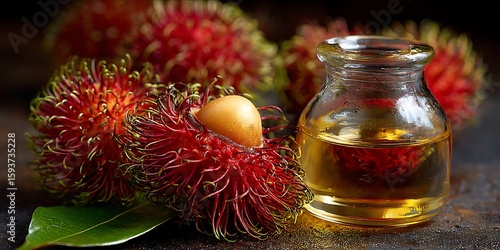 Rambutan & Oil Glass vial with oil sits beside several rambutans and a green leaf on dark surface