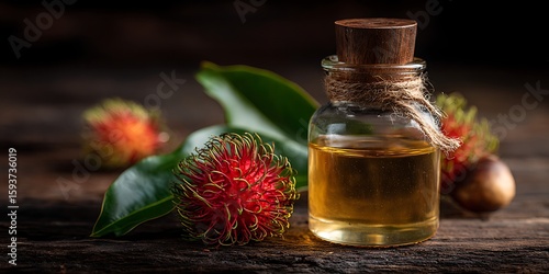 Rambutan oil bottle sits among red fruit on wood background, showcasing natural essence