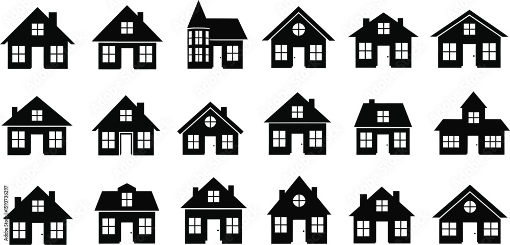 Fototapeta premium Collection of various house silhouettes in black and white pattern