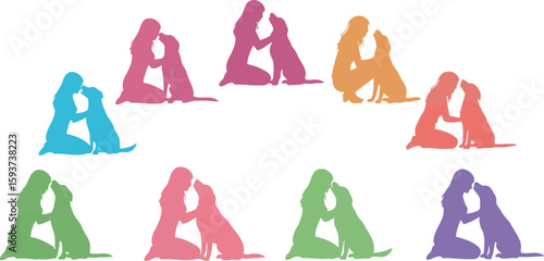 Colorful silhouettes of women and dogs touching noses on white background
