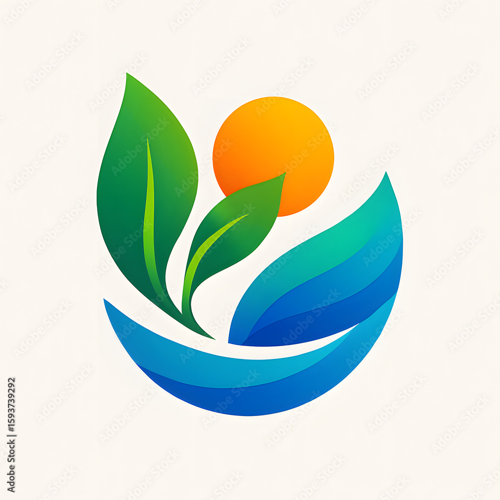 Fototapeta premium Vibrant Eco-Logo: Sun, Leaves, and Waves in Abstract Design