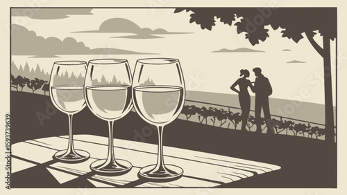 Wine tasting at vineyard with couple enjoying view and glasses of white wine in a romantic setting