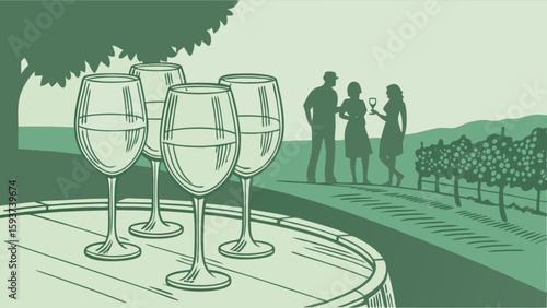 Wine tasting at vineyard illustration with wine glasses people and barrel for wine lovers and enthusiasts