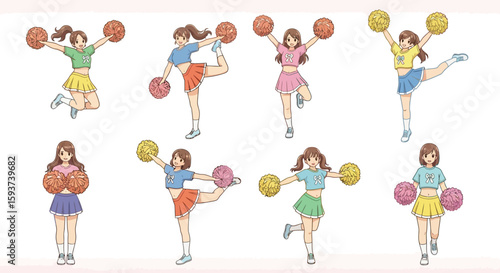 Eight cheerleaders in various poses with pom poms on a white background