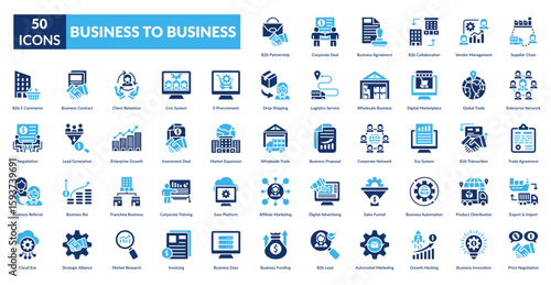 Business To Business Fill Icon Set. B2B Partnership, Corporate Deal, Business Agreement, B2B Collaboration, Vendor Management, Supplier Chain, Enterprise Network
