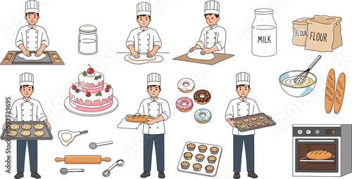 Cartoon illustration of bakers and baking related items on white background