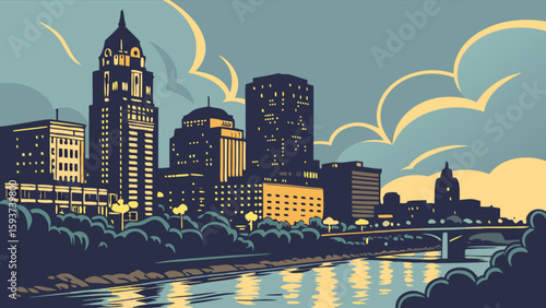 Cityscape skyline vector illustration of urban buildings and river at night with cloudscape drawing art