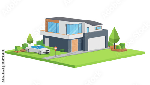 Modern house design with car and garden isometric view architecture real estate home exterior property building