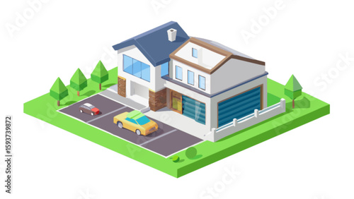 Isometric house residential building with cars and trees vector illustration for real estate concept