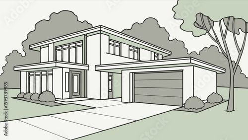 Modern house design architecture home exterior building residential property real estate drawing style illustration