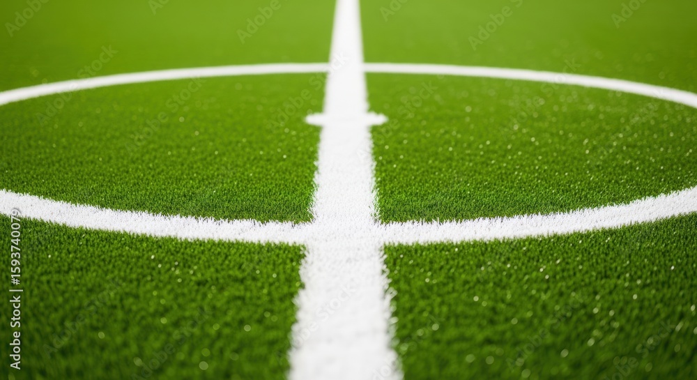 Obraz premium Detailed Close Up Of A Perfectly Marked Green Soccer Field With A Focus On The Center Circle And Kickoff Mark