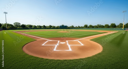 Spectacular View of a Well Maintained Baseball Field Under a Clear Blue Sky