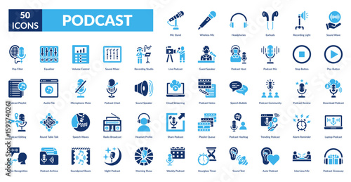 Podcast Fill Icon Set. Mic Stand, Wireless Mic, Headphones, Earbuds, Recording Light, Sound Wave, Play Button