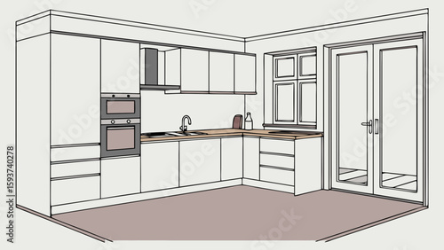 Modern kitchen design with white cabinets, oven, sink, and window for home interior inspiration ideas