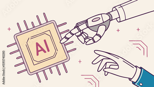 Ai technology concept with robotic hand touching ai chip for future innovation and automation systems