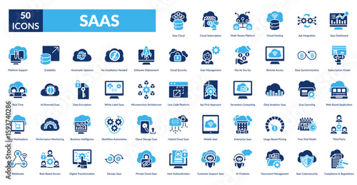 Saas Fill Icon Set. Cloud, Cloud Subscription, Multi Tenant Platform, Cloud Hosting, Api Integration,  Dashboard, Subscription Model