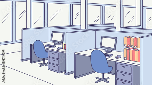 Office cubicles illustration with computer desk chair and filing cabinets for business workspace design