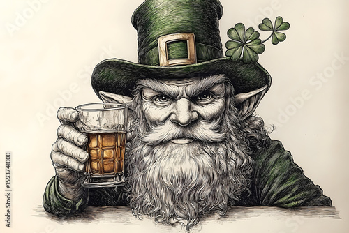 Sketch-style leprechaun with a green hat holds beer, looking serious